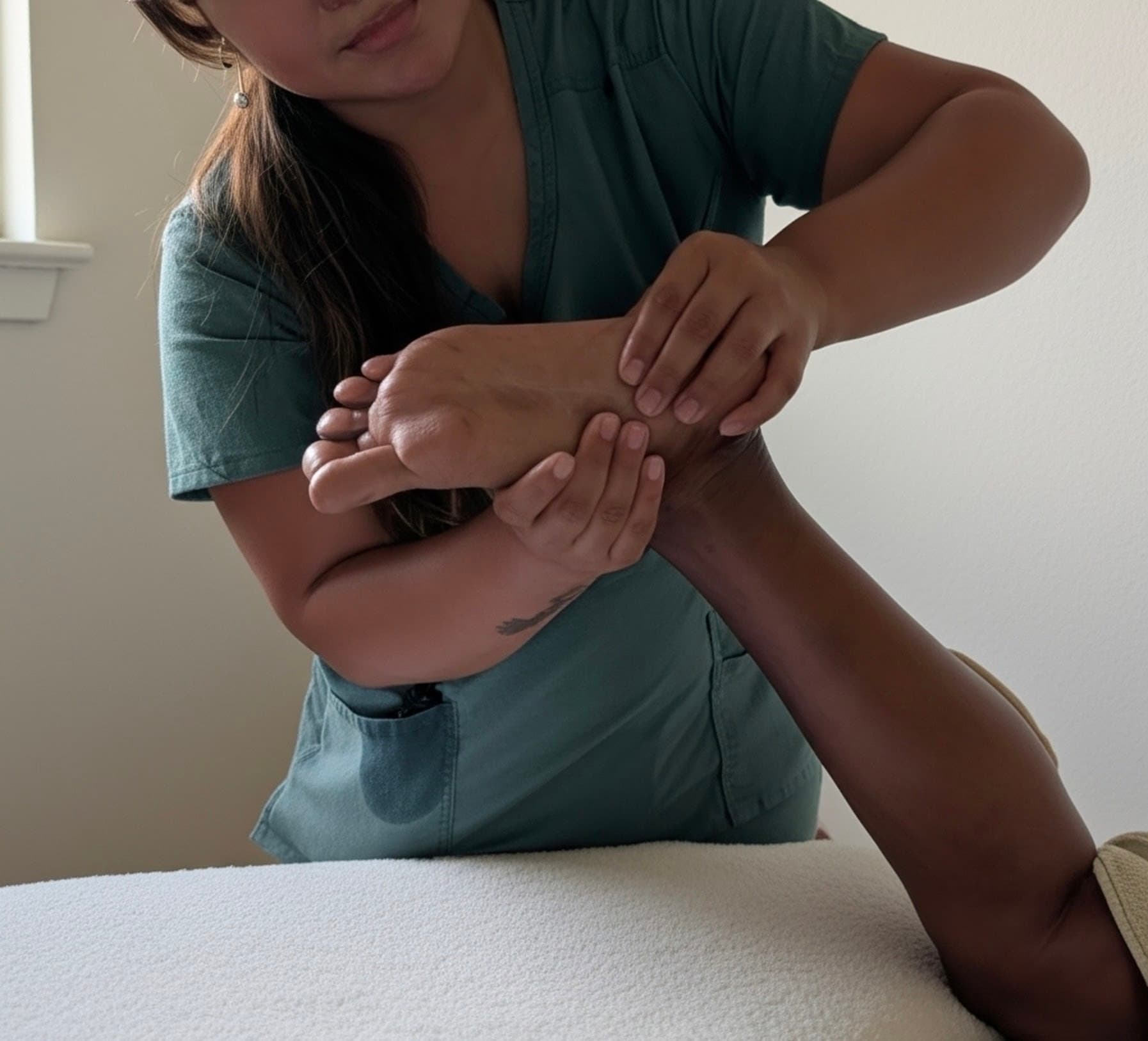 Sandy holding a client's foot during a reflexology treatment.